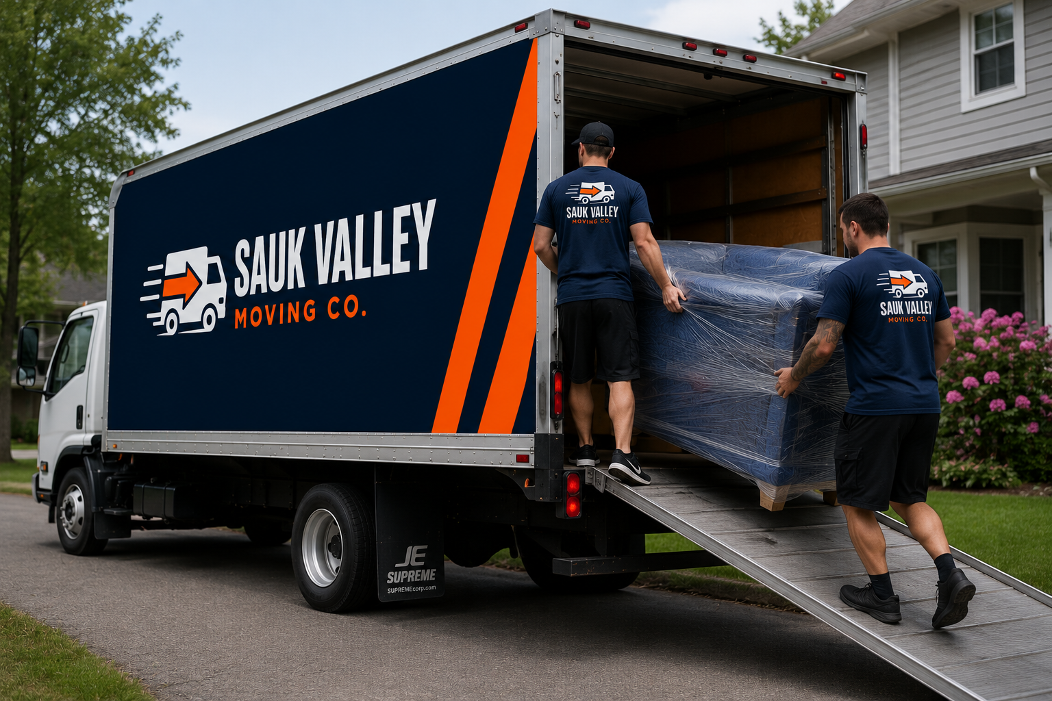 Sauk Valley Moving Co. crew loading a wrapped sofa into a box truck in a residential neighborhood
